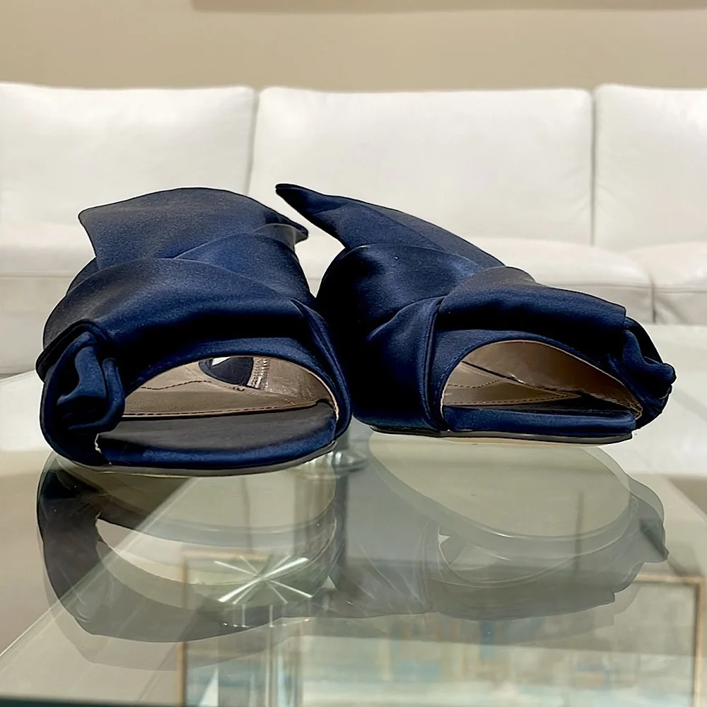NWT Charles David royal navy pure satin slip on slides blue flats open toe bow